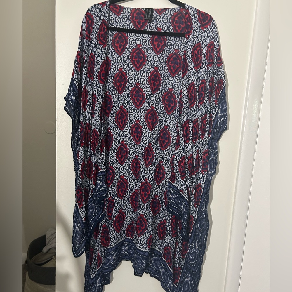 Express Asymmetrical Kimono with Red and Blue Design One Size